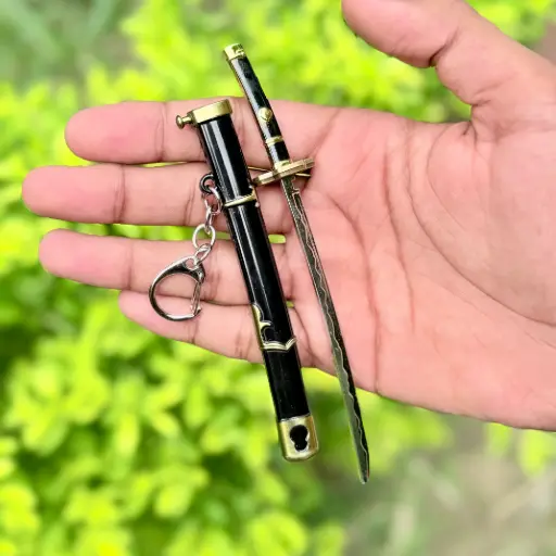 Premium Full-Metal Katana Keychain with Button – 15cm