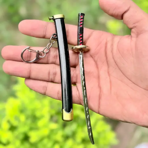 Premium Full-Metal Katana Keychain with Button – 15cm