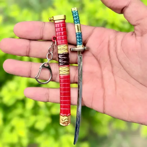 Premium Full-Metal Katana Keychain with Button – 15cm
